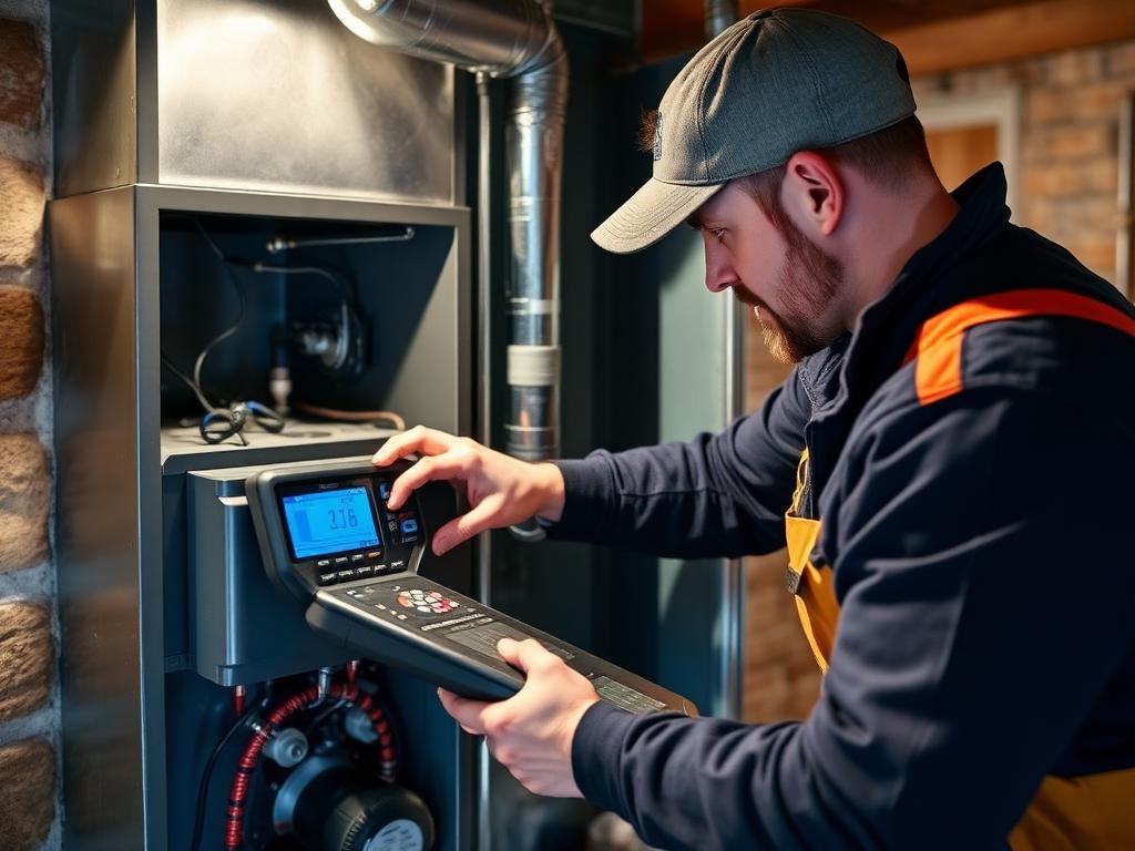 HVAC technician diagnosing residential furnace