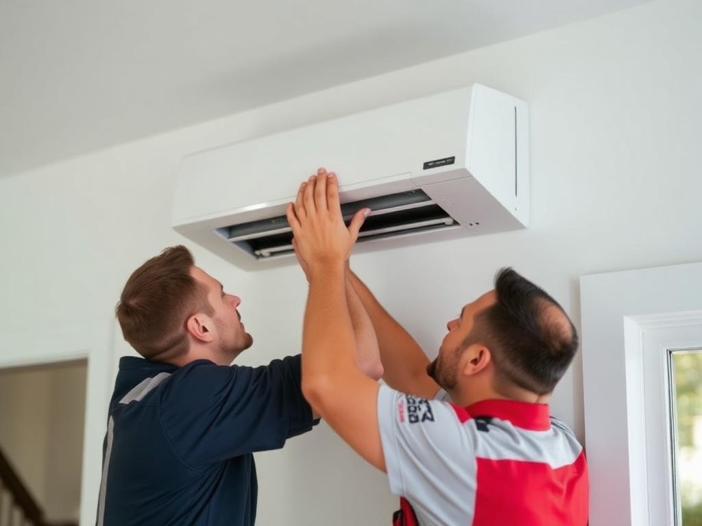 Technicians installing ductless mini-split AC system