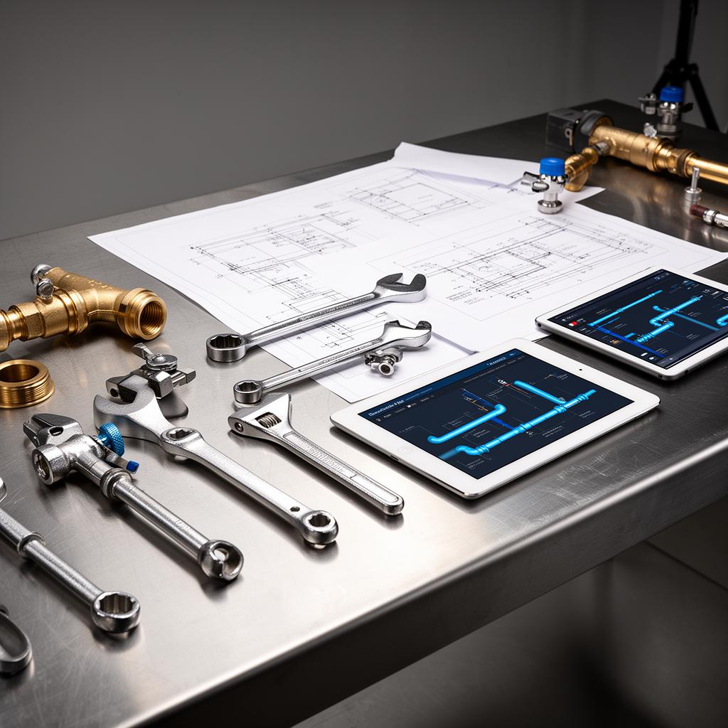 Professional HVAC and plumbing tools with technical blueprints